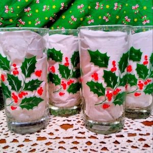 *Set of 4* Christmas Glasses, Holly by Indiana Glass Company
